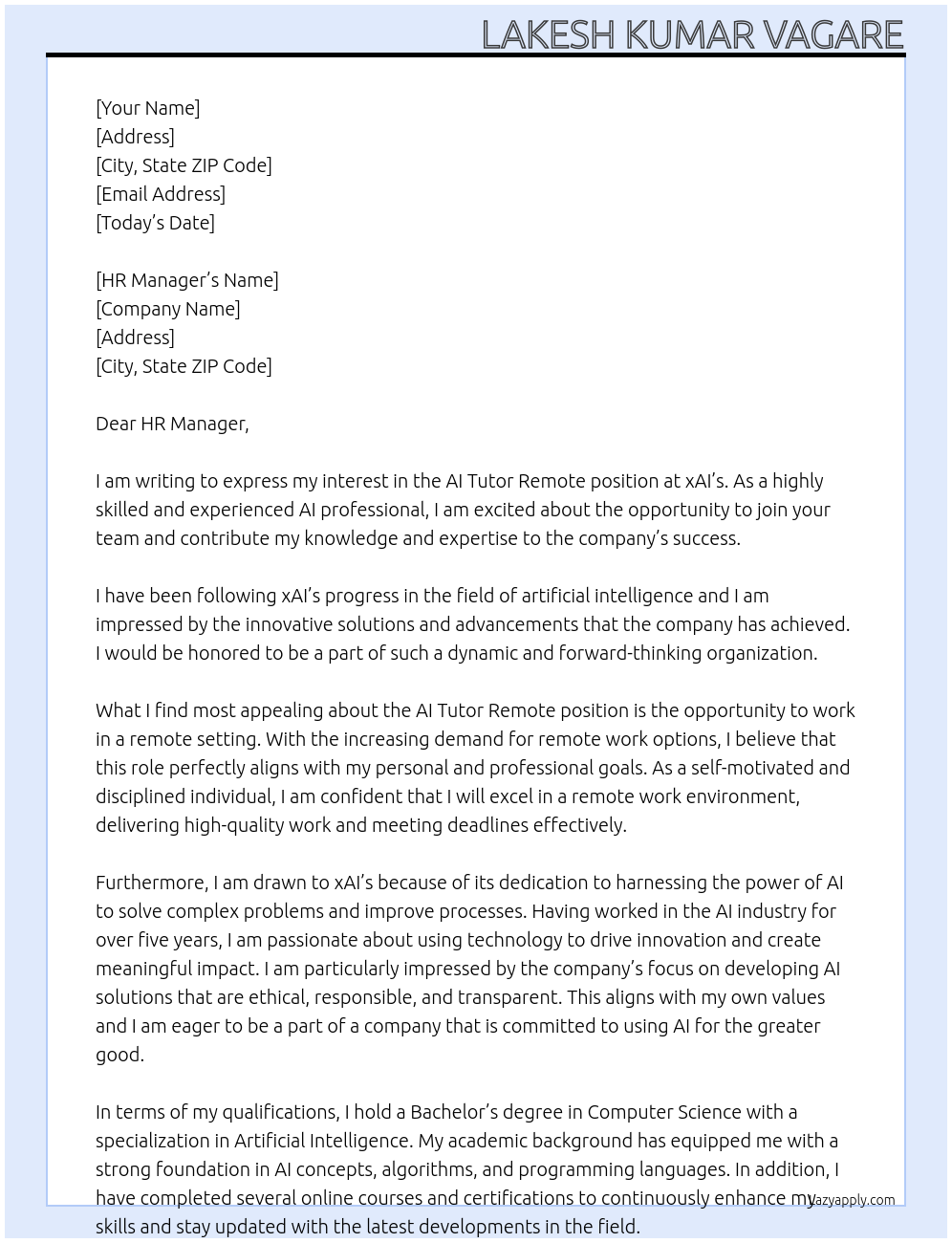 AI Tutor Remote At xAI’s Cover Letter