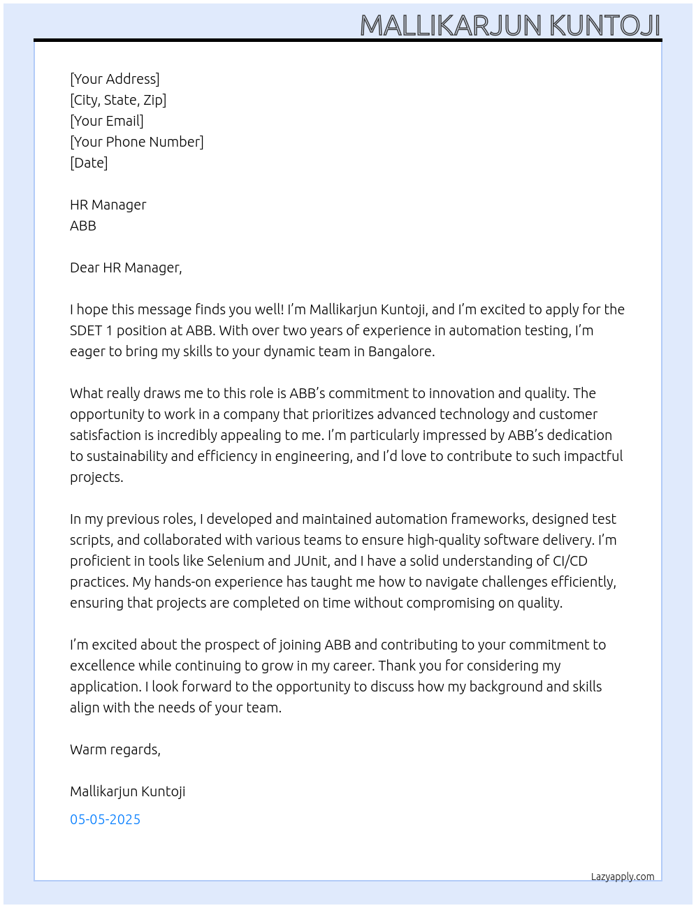 SDET 1 At ABB Cover Letter