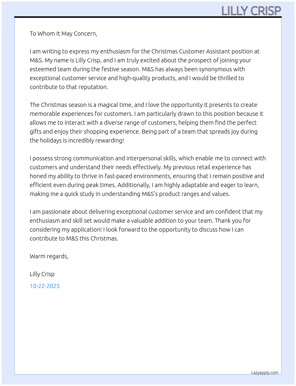 Christmas Customer Assistant At M&S Cover Letter