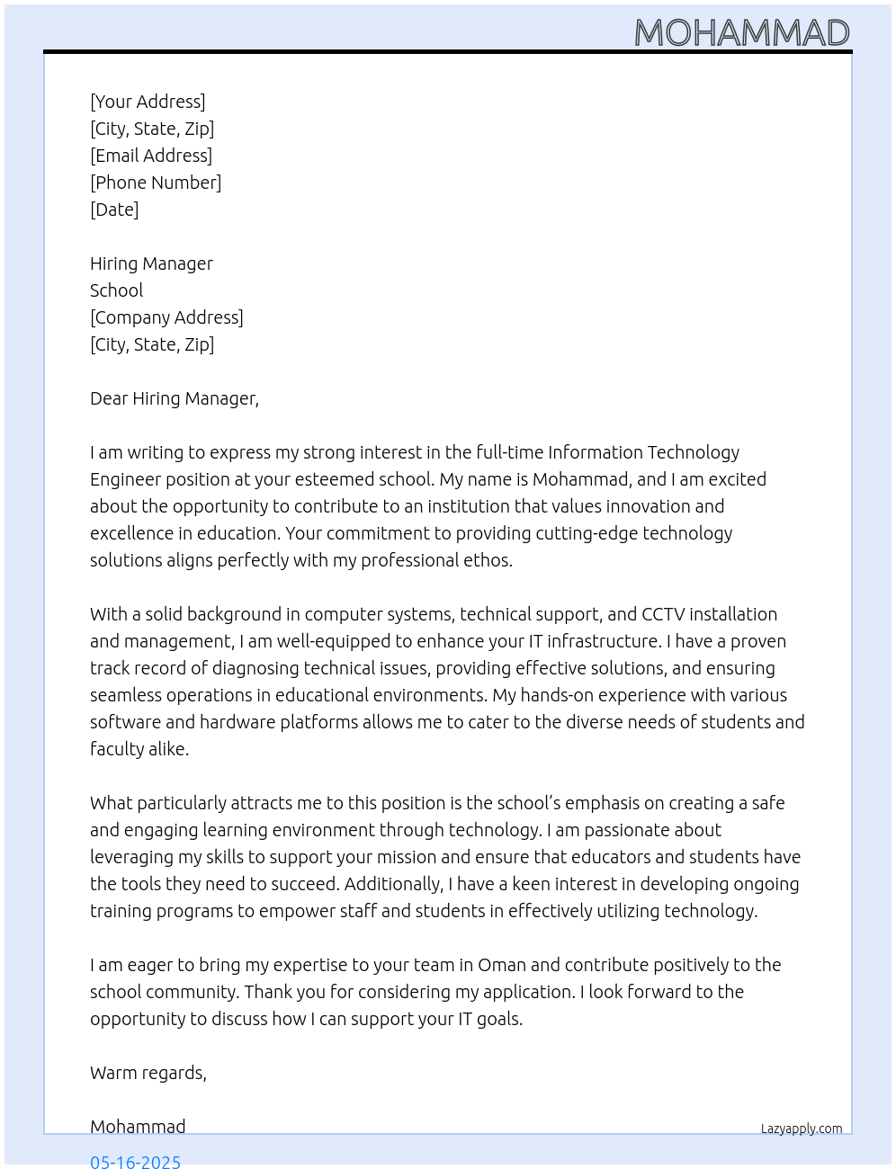 Cover letter for information technology engineer - LazyApply