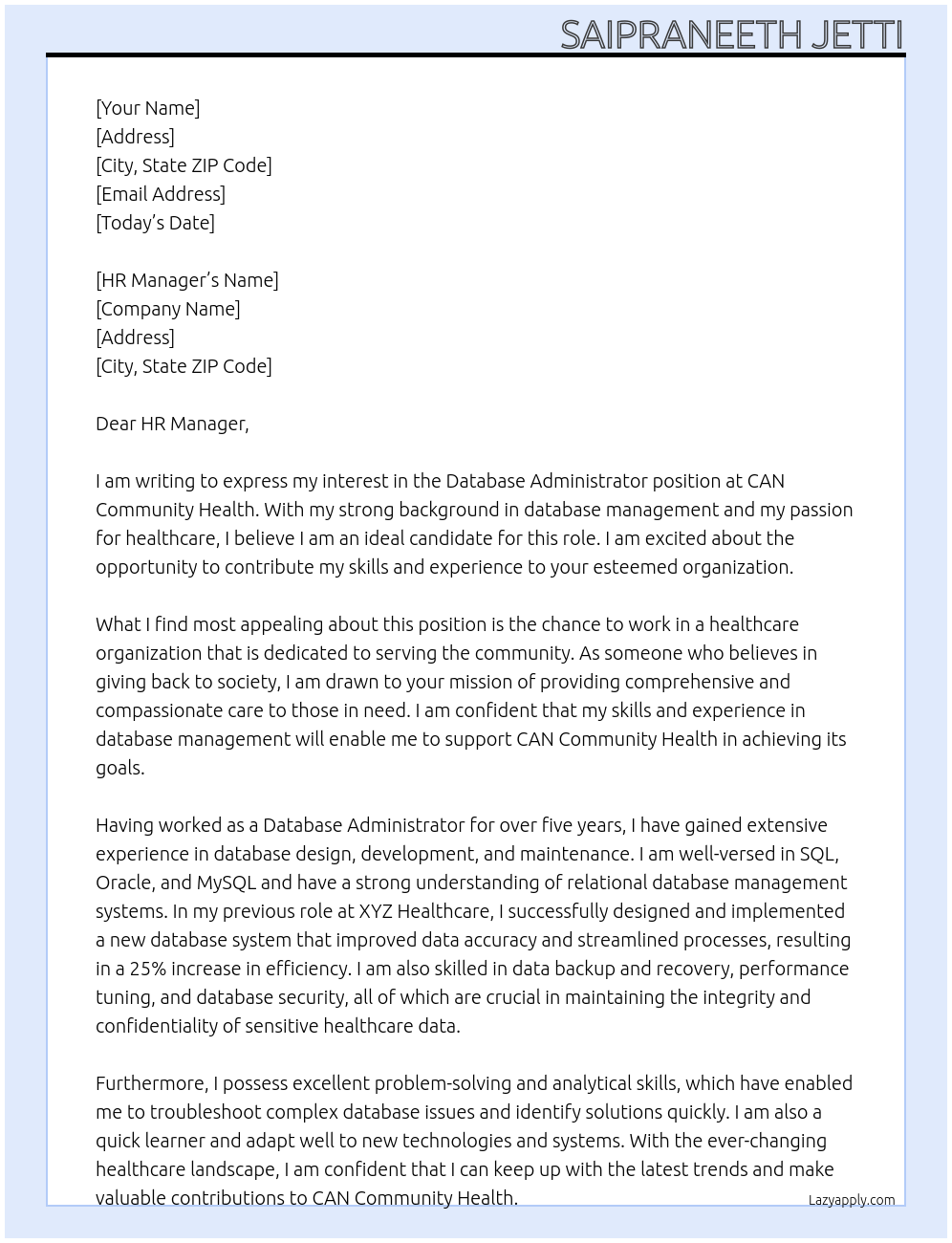 Database Administrator At CAN Community Health Cover Letter