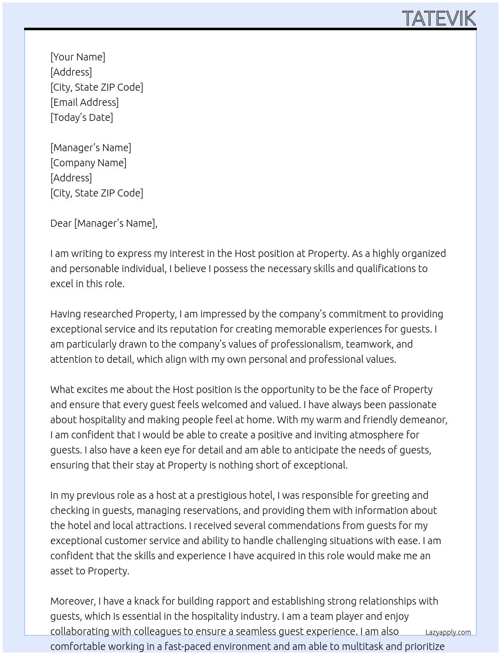 Host At Property Cover Letter