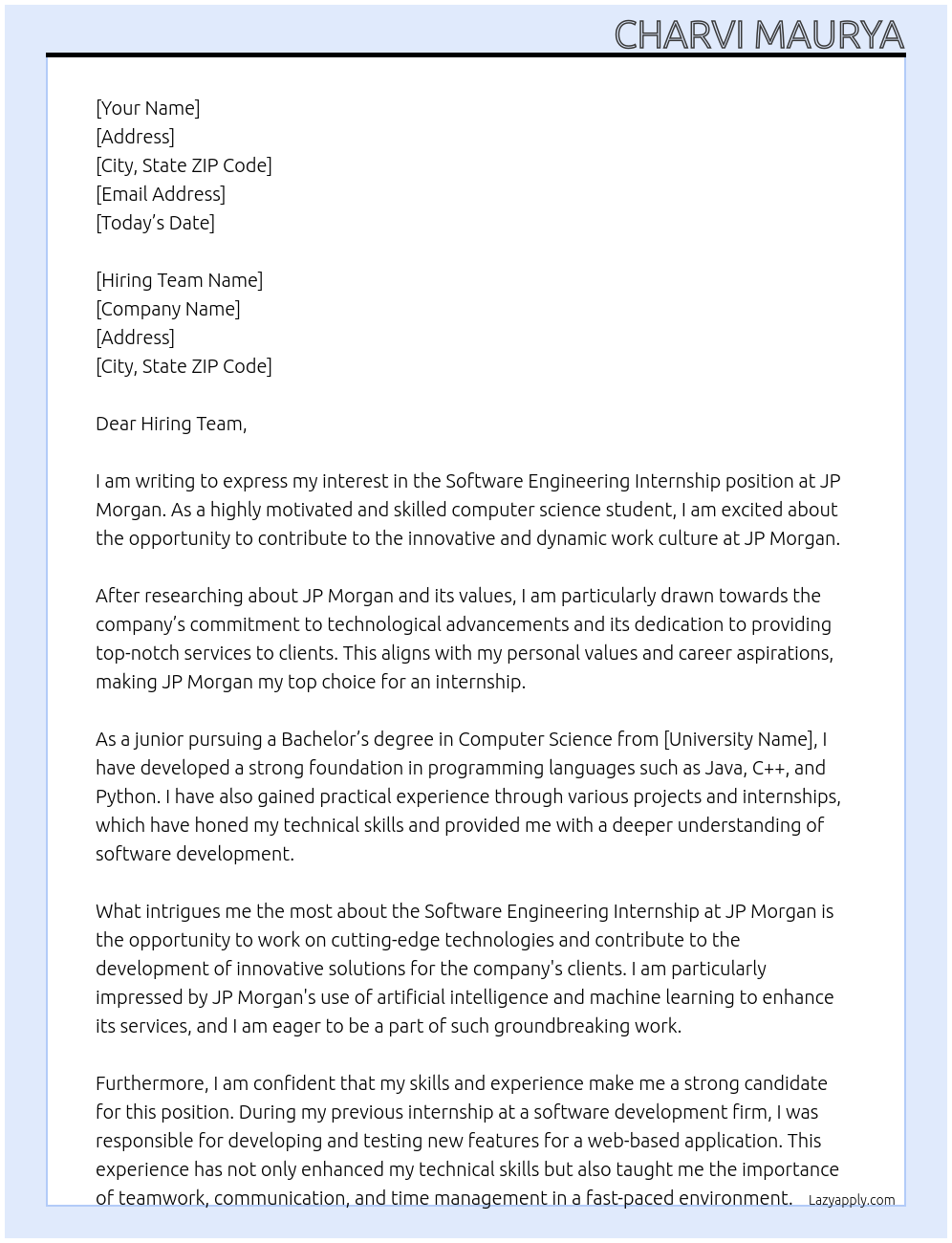 Software Engineering Internship At JP Morgan Cover Letter