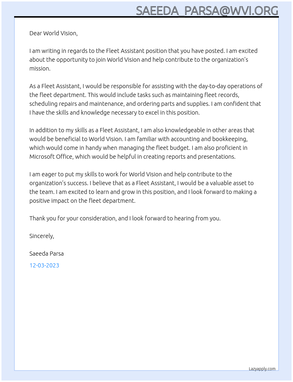 Fleet Assistant At World Vision Cover Letter