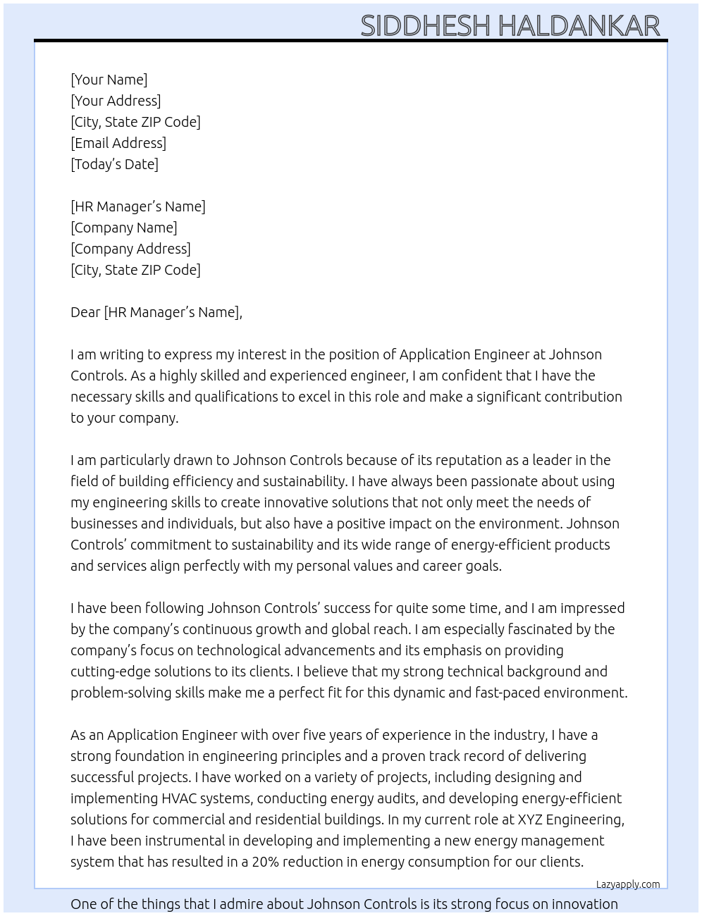 Application Engineer At Johnson Controls Cover Letter