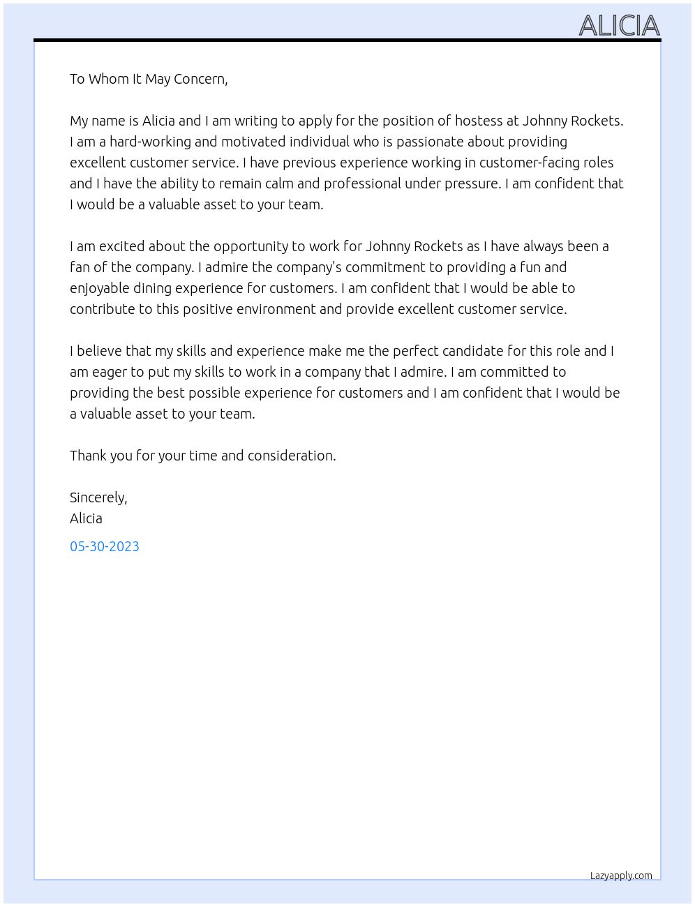 Hostess At Johnny Rockets Cover Letter