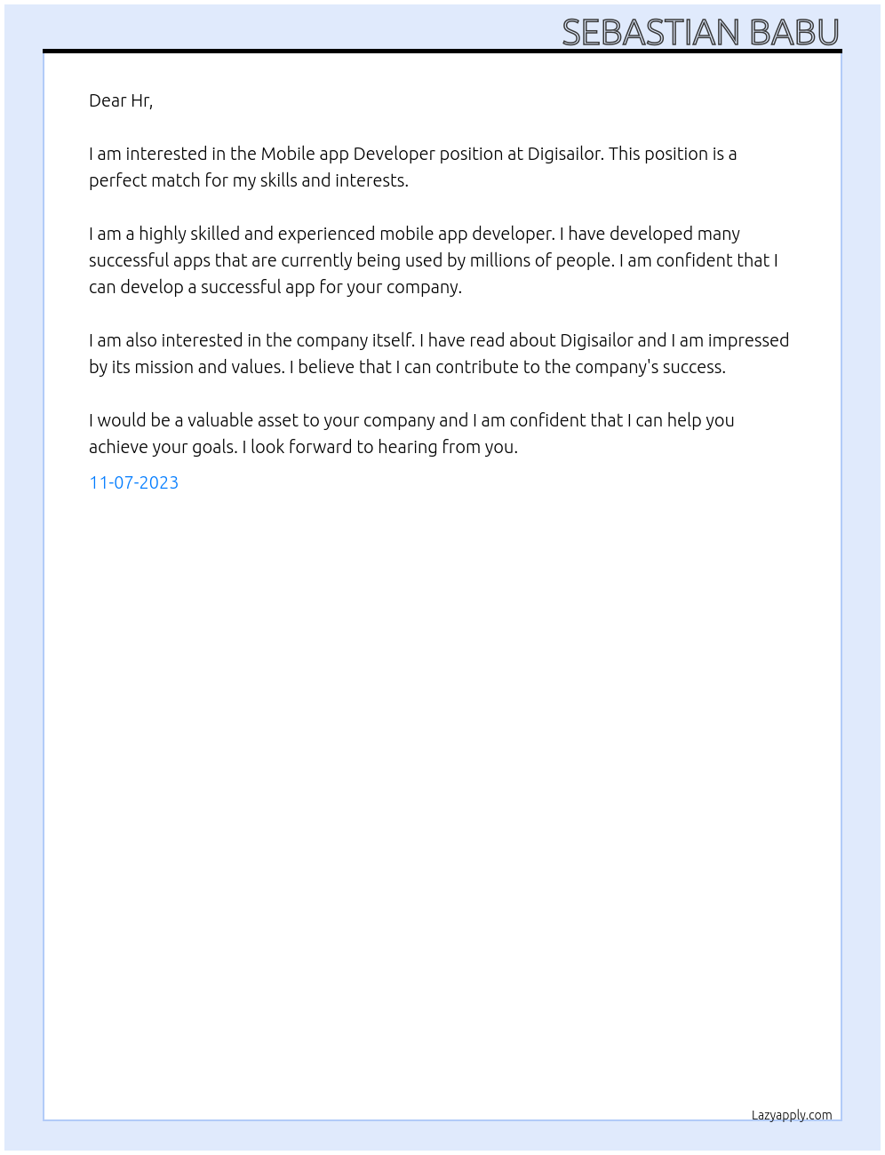 Mobile app Developer At Digisailor Cover Letter