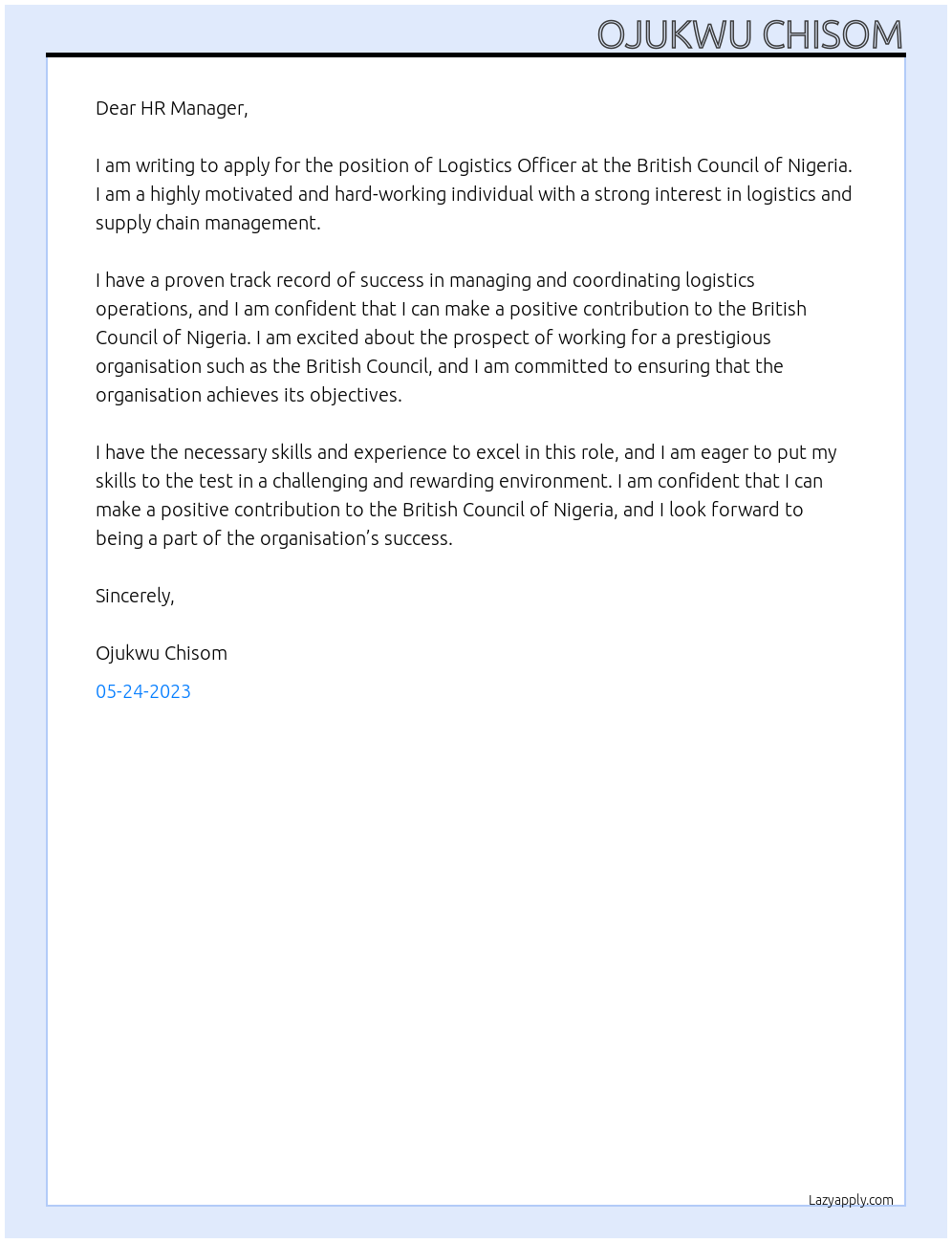 Logistics officers At Bristish Council of Nigeria Cover Letter