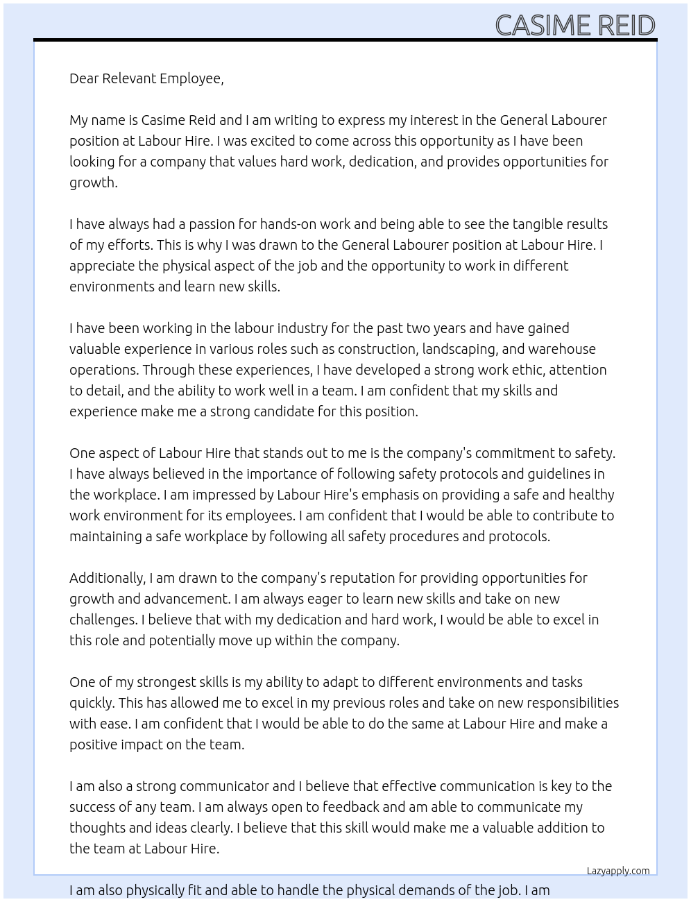 General labourer At Labour hire Cover Letter