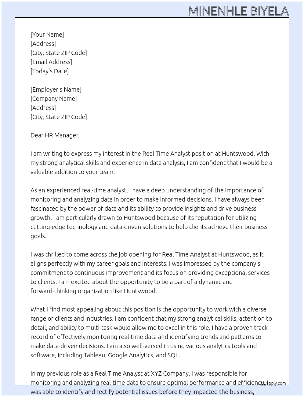 real time analyst At Huntswood Cover Letter