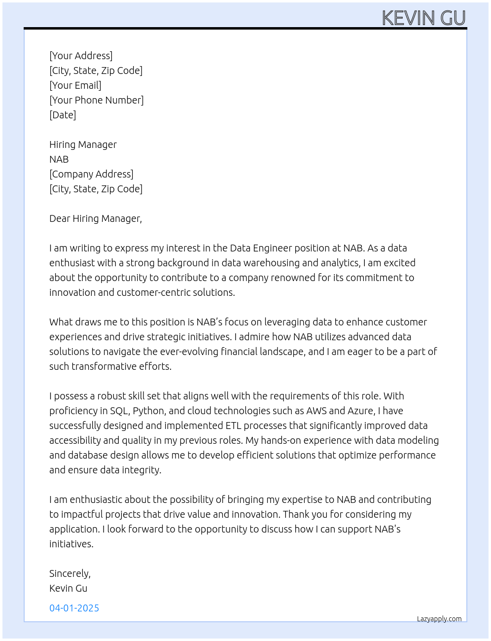 Data Engineer At NAB Cover Letter