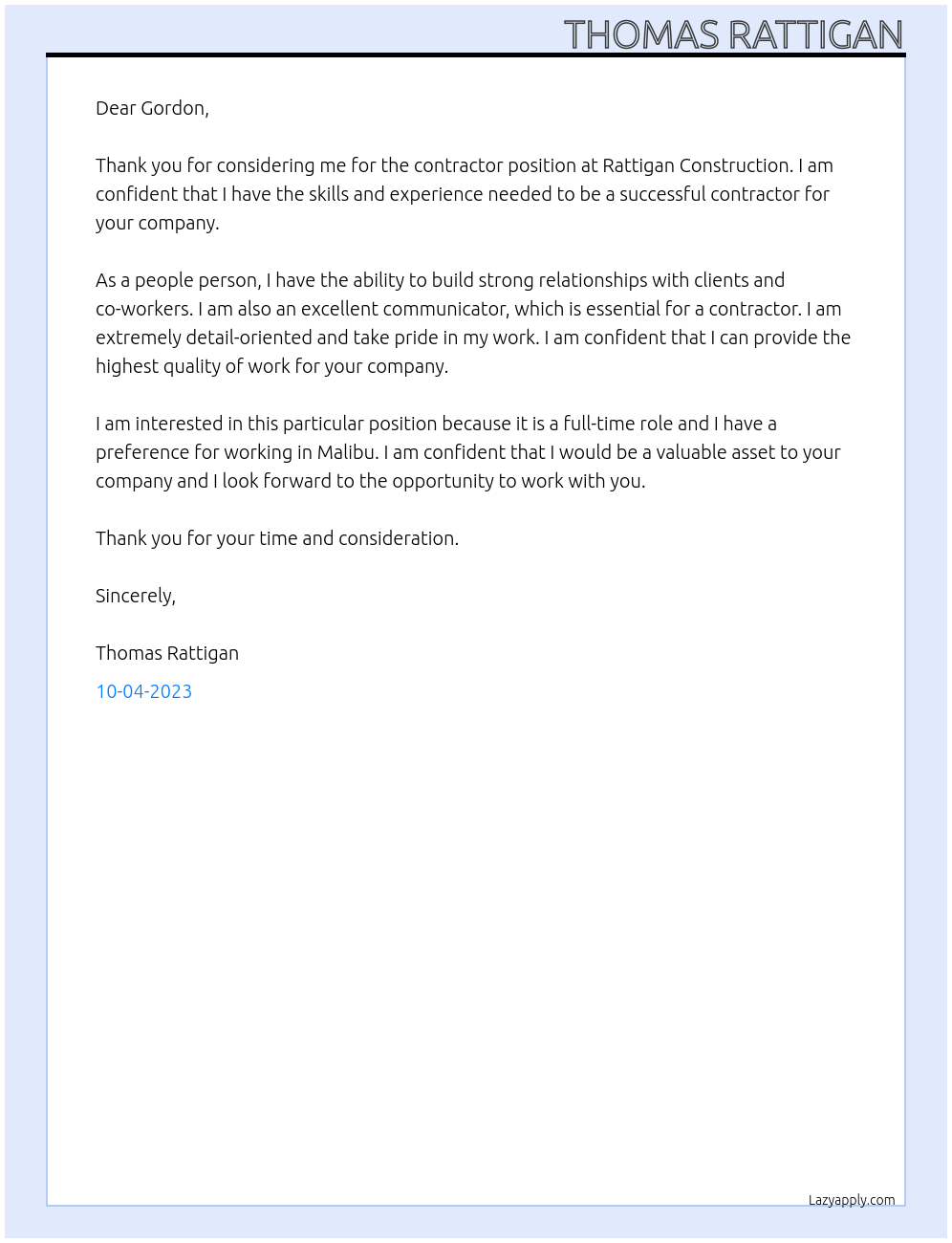 Contractor At Rattigan Construction Cover Letter