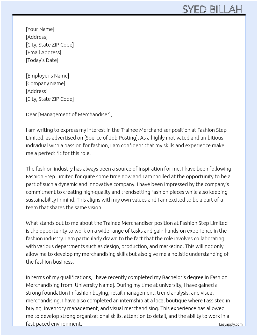 trainee merchandiser At Fashion Step Limited Cover Letter