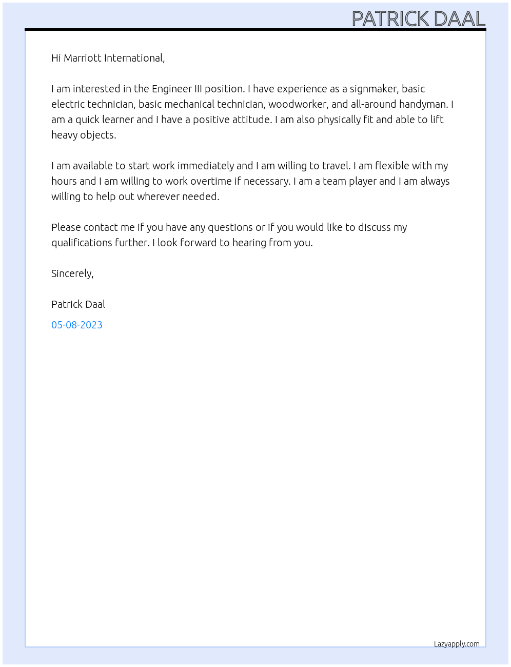 Engineer III At Marriott International Cover Letter