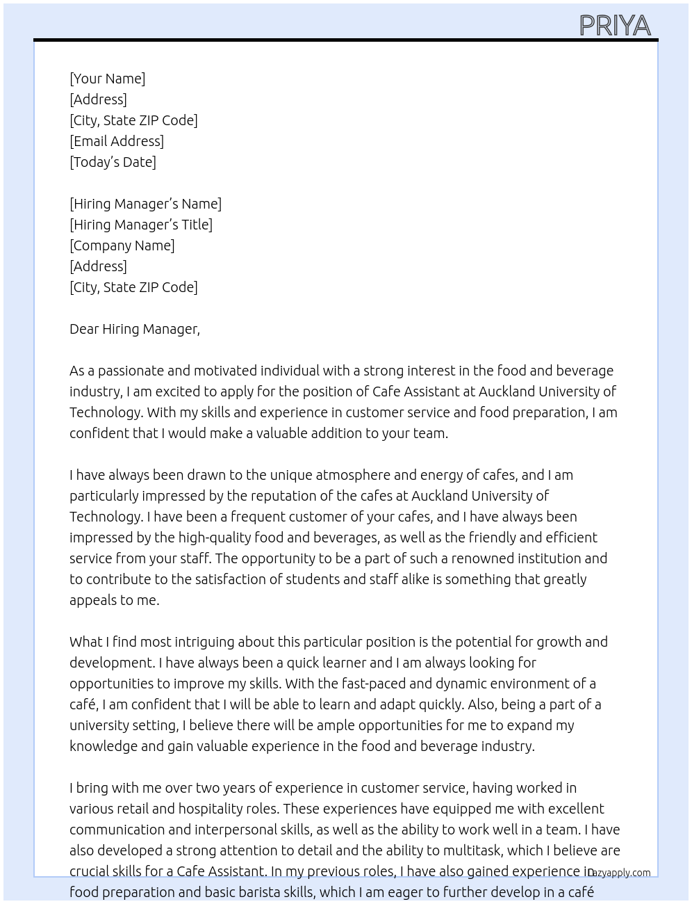 cafe assistant  At auckland university of technology Cover Letter