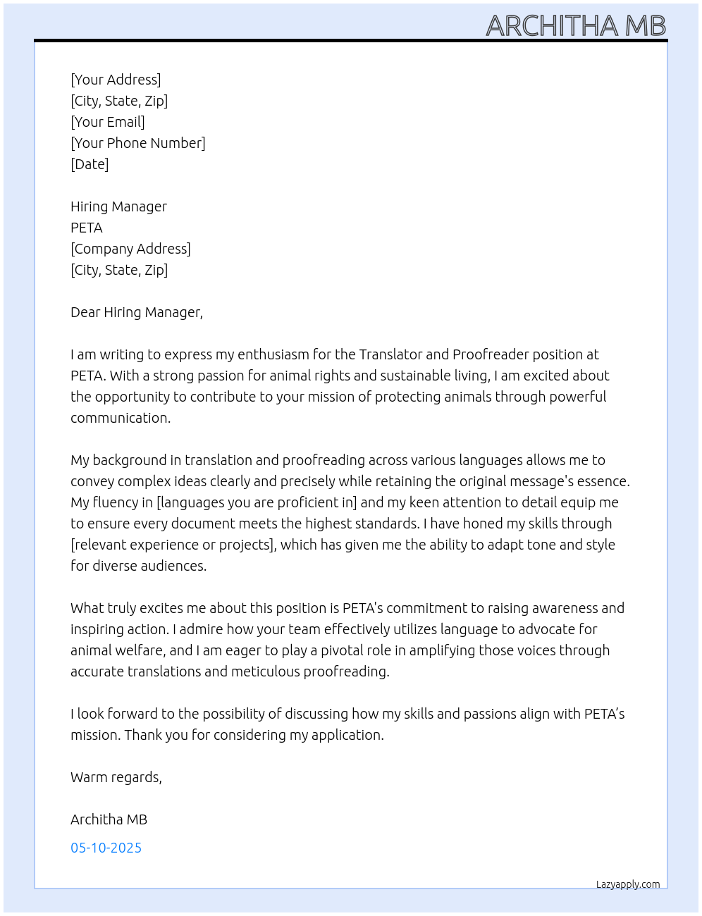 Translator and Proofreader At PETA Cover Letter