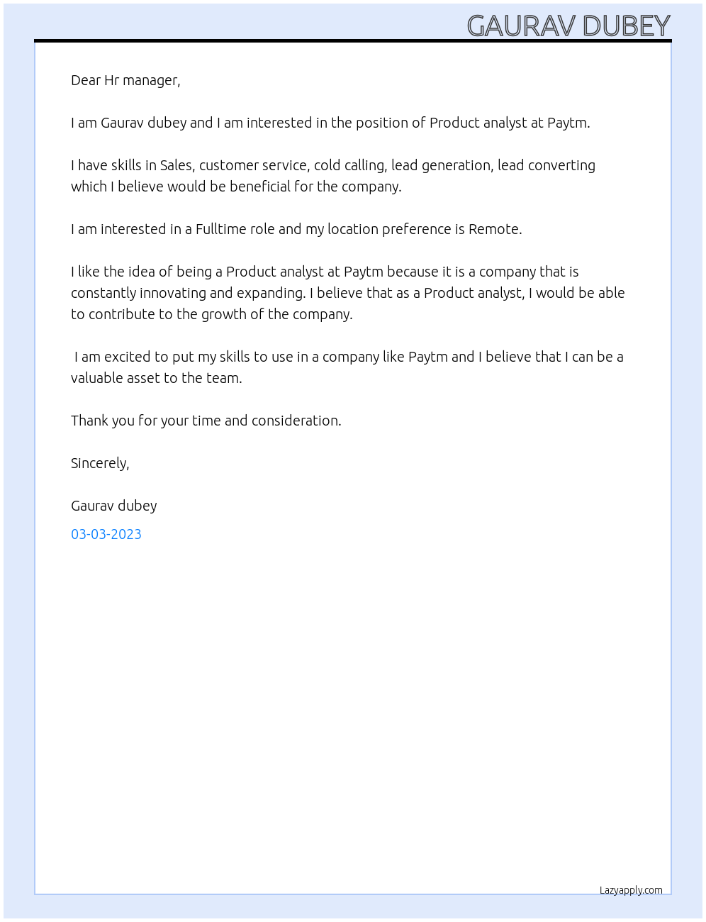 Product analyst At Paytm Cover Letter