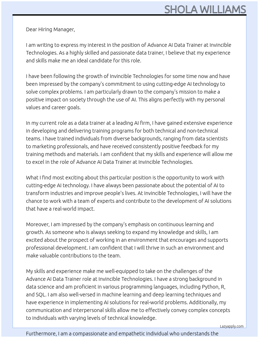 Advance AI data trainer At Invicible Technologies Cover Letter