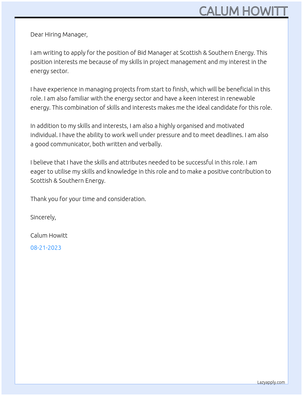 Bid Manager At Scottish & Southern Energy Cover Letter