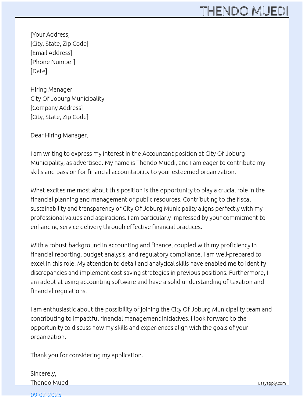 Accountant At City Of Joburg Minucipality Cover Letter