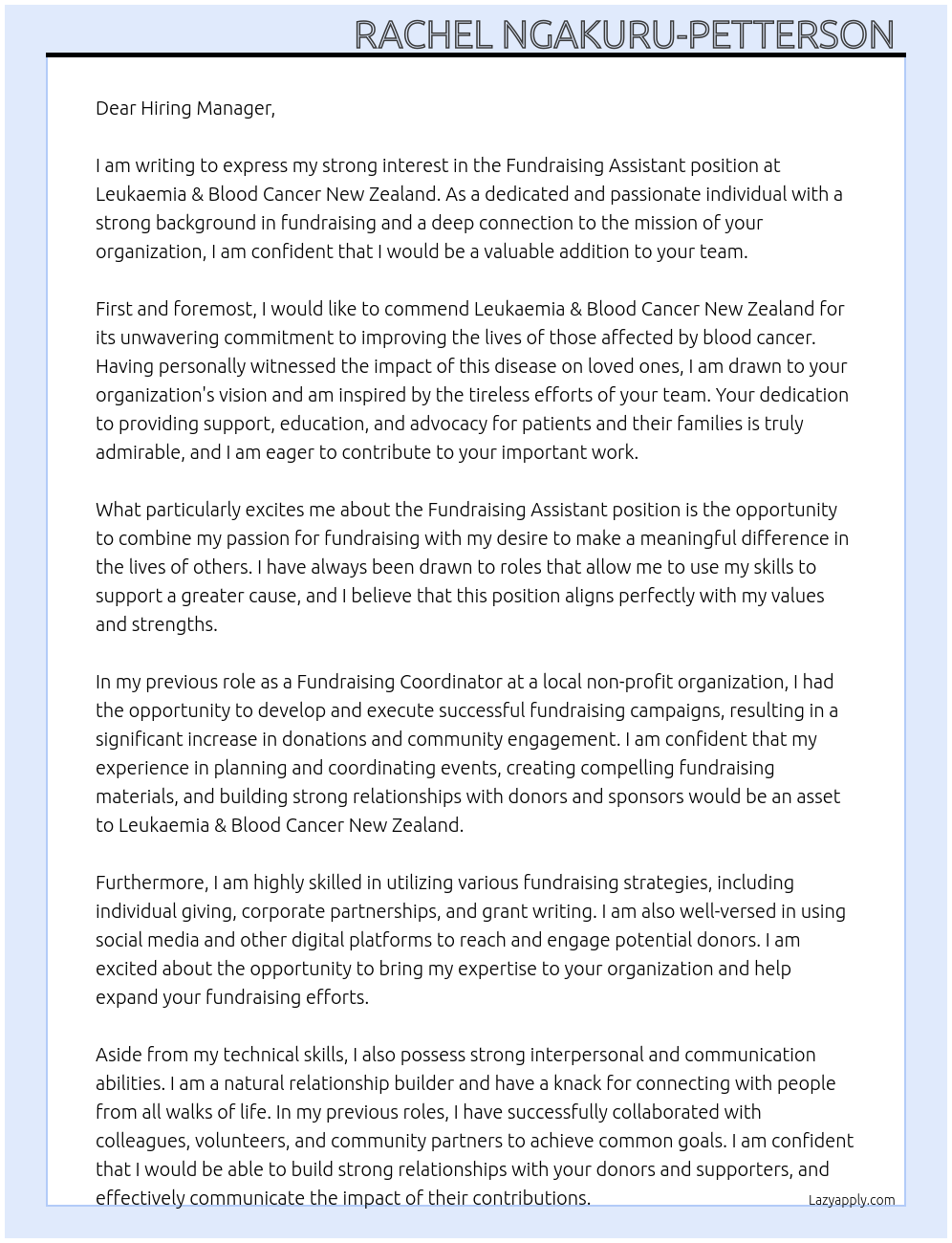 Fundraising Assistant  At Leukaemia & Blood Cancer New Zealand Cover Letter