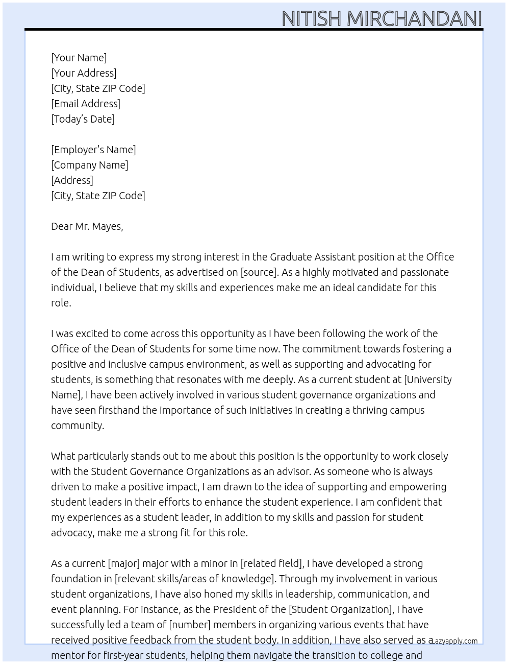 Graduate Assistant At Office of the Dean of Students Cover Letter