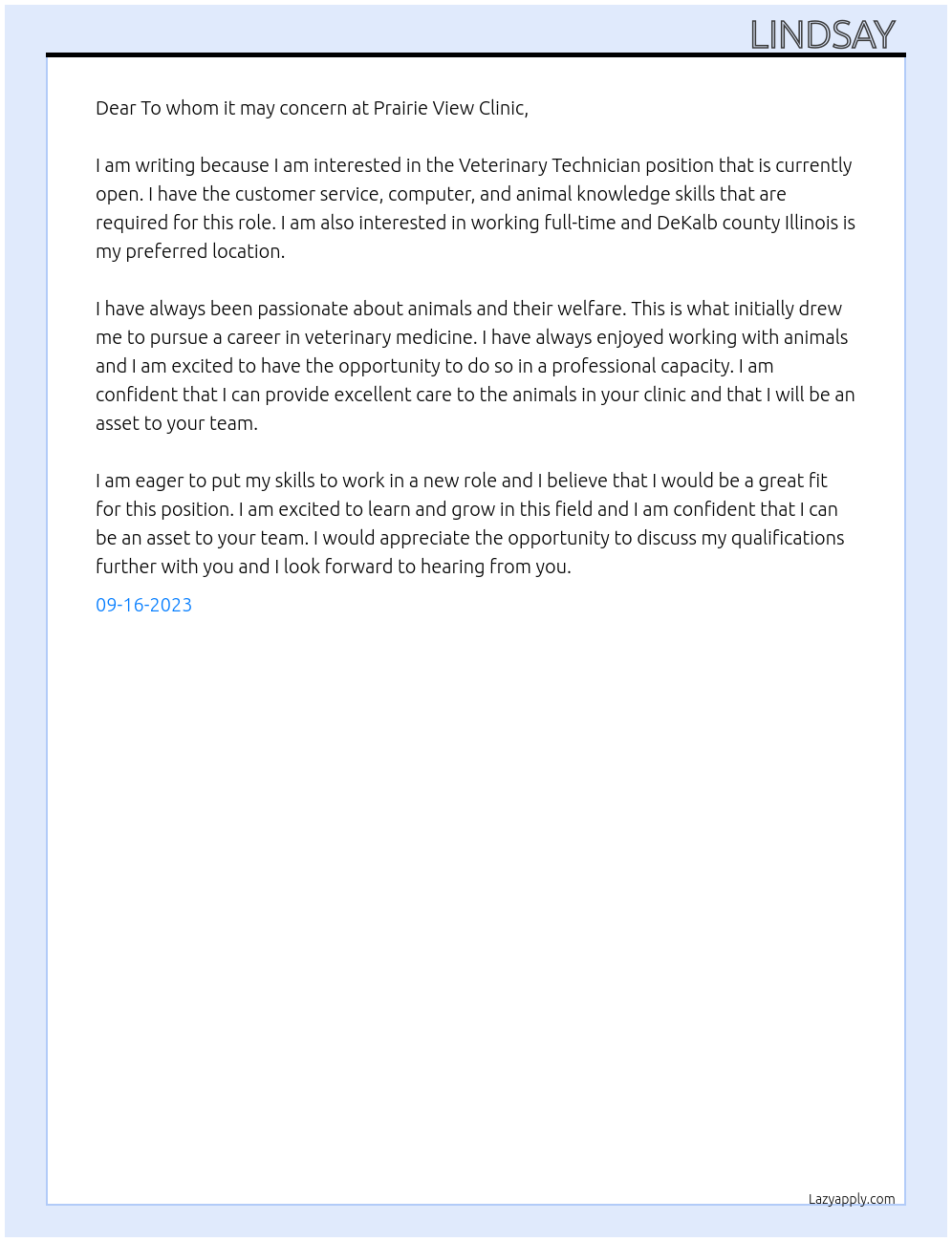 Veterinary technician At Prairie view  Cover Letter