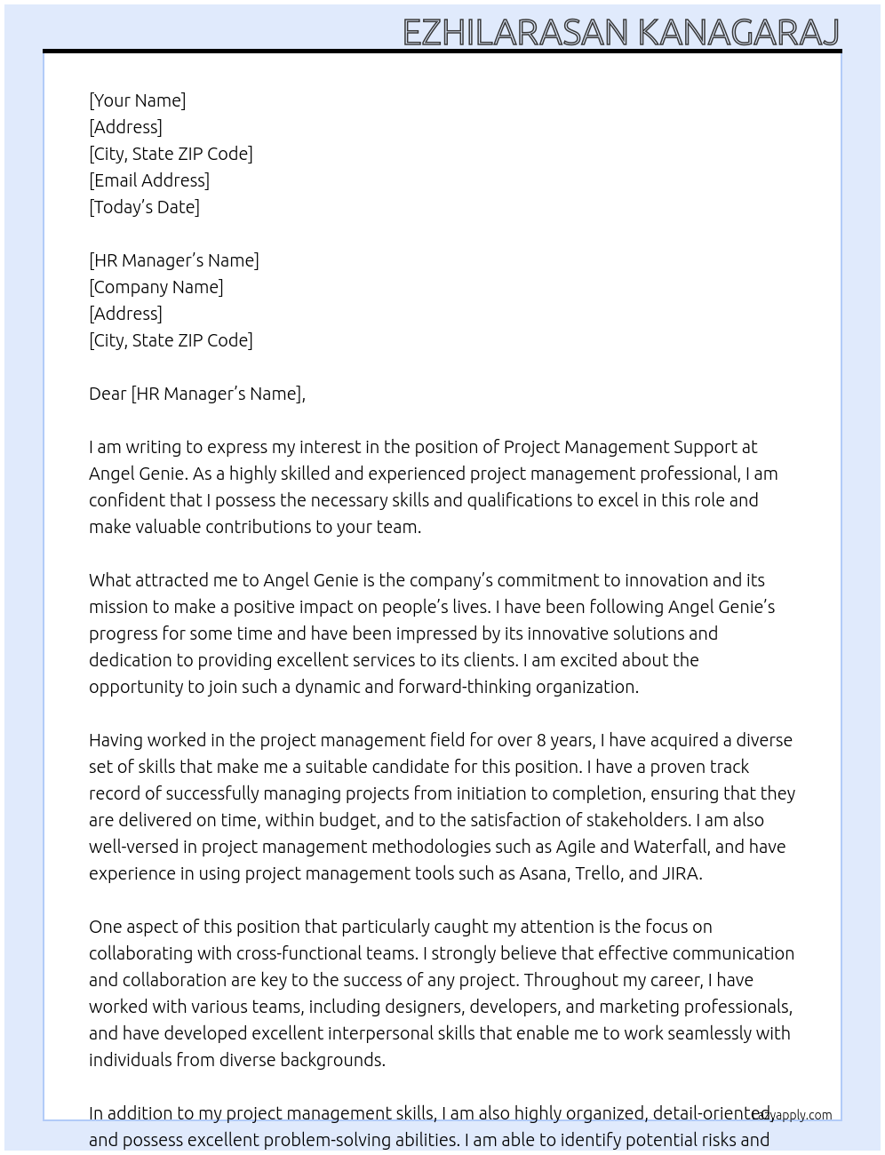 project management support At angel genie Cover Letter