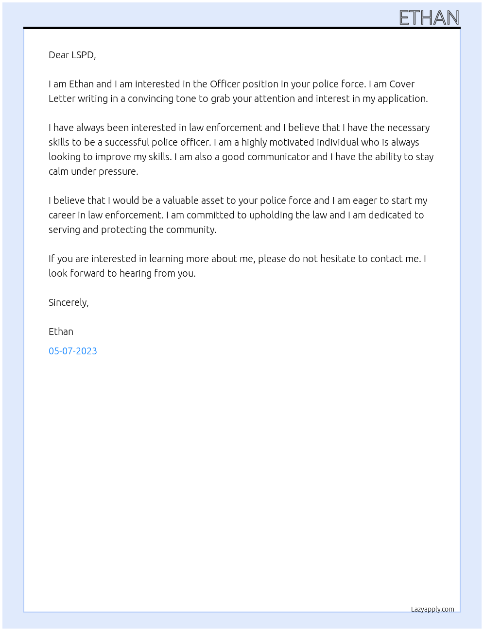 Officer At Police force Cover Letter