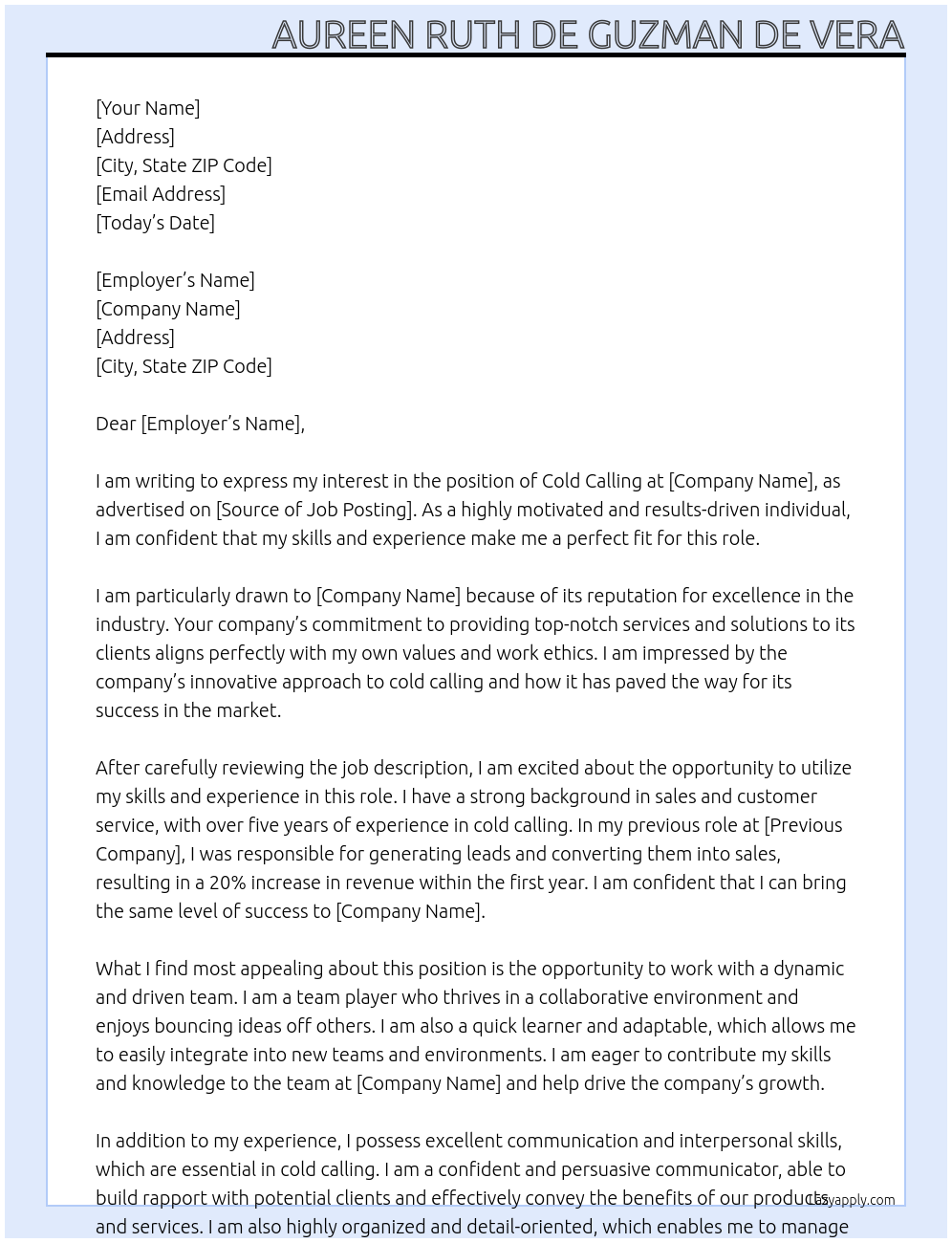 Cold Calling At cold caller  Cover Letter