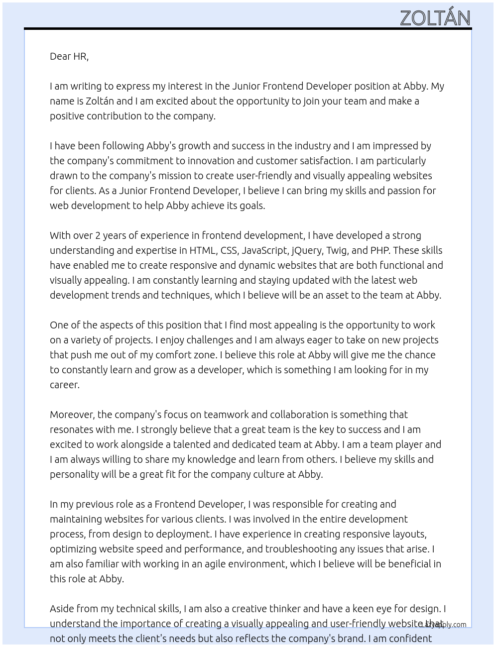 Cover letter for junior frontend developer - LazyApply