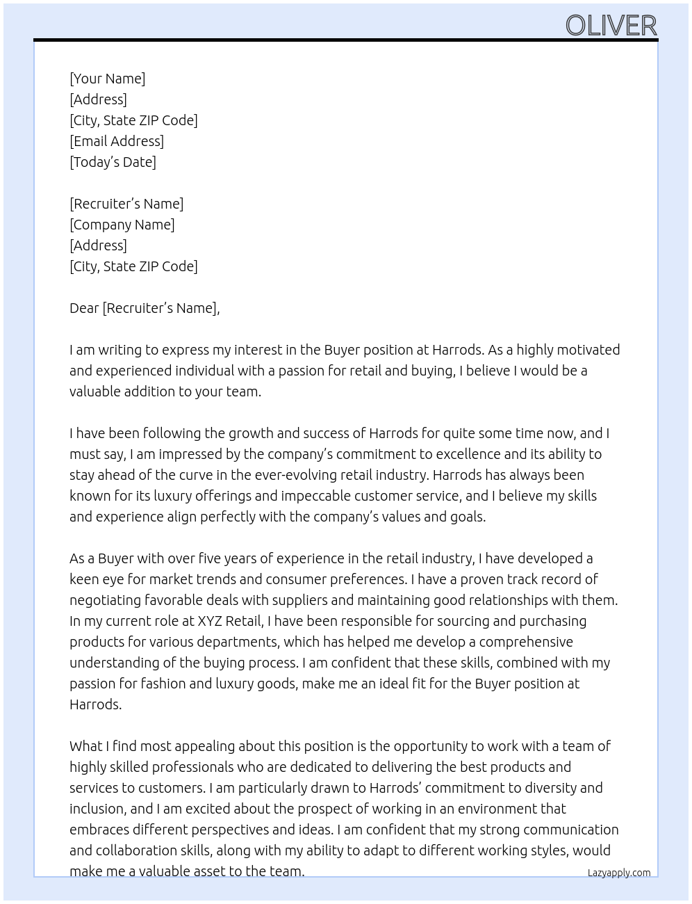 Buyer At Harrods Cover Letter