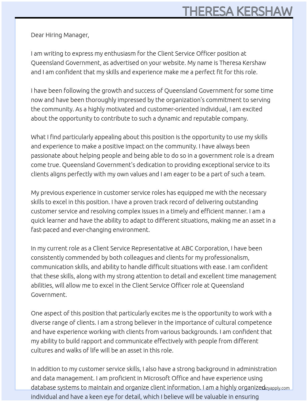 Client Service Officer At Queensland Government Cover Letter