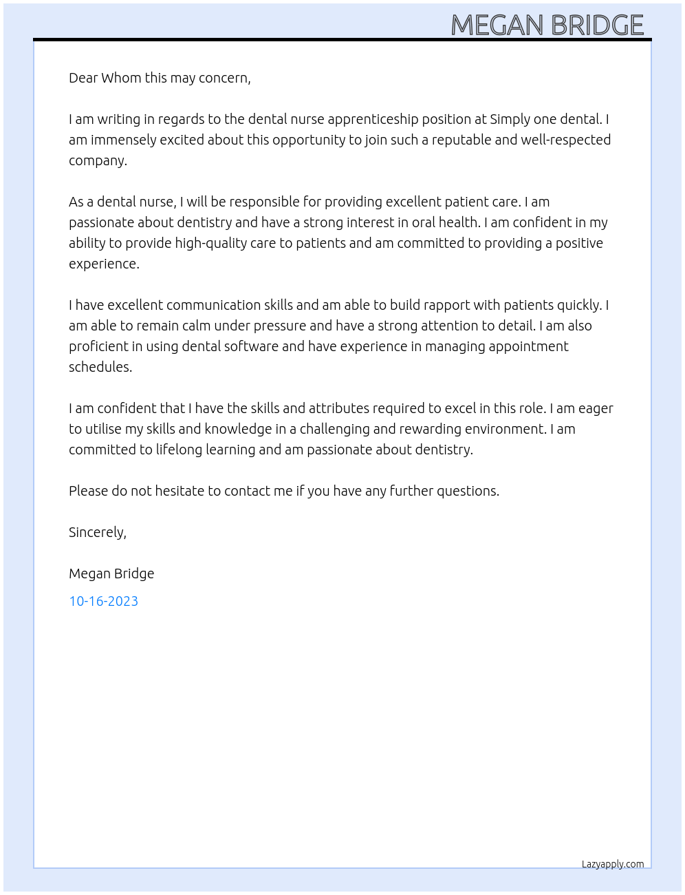 Dental nurse  At Simply one dental Cover Letter