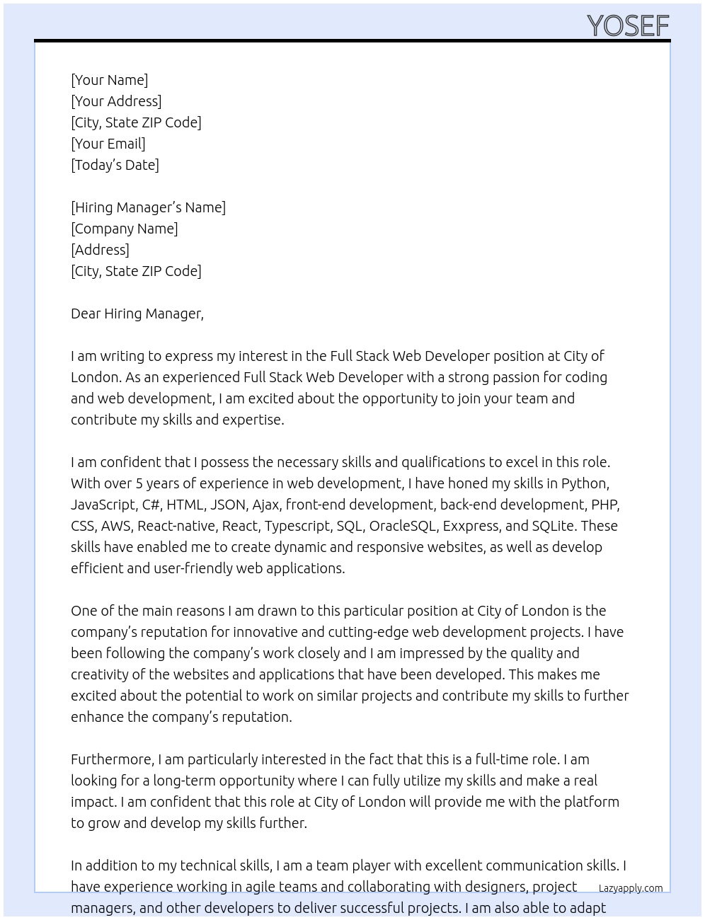 Full Stack Web Developer At City of London Cover Letter