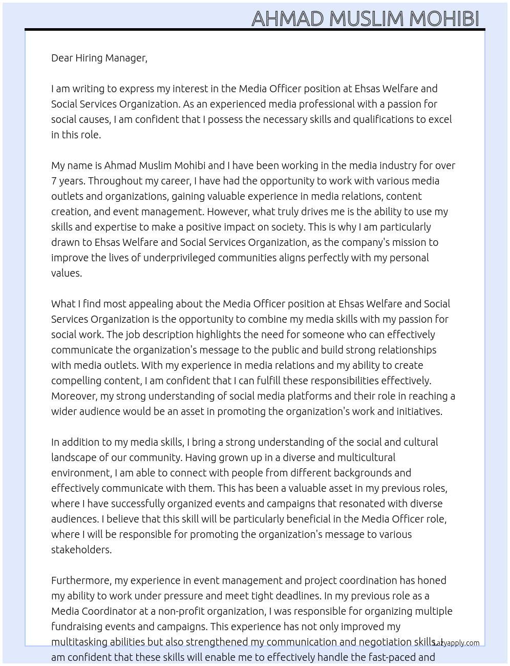 Cover letter for media officer - LazyApply