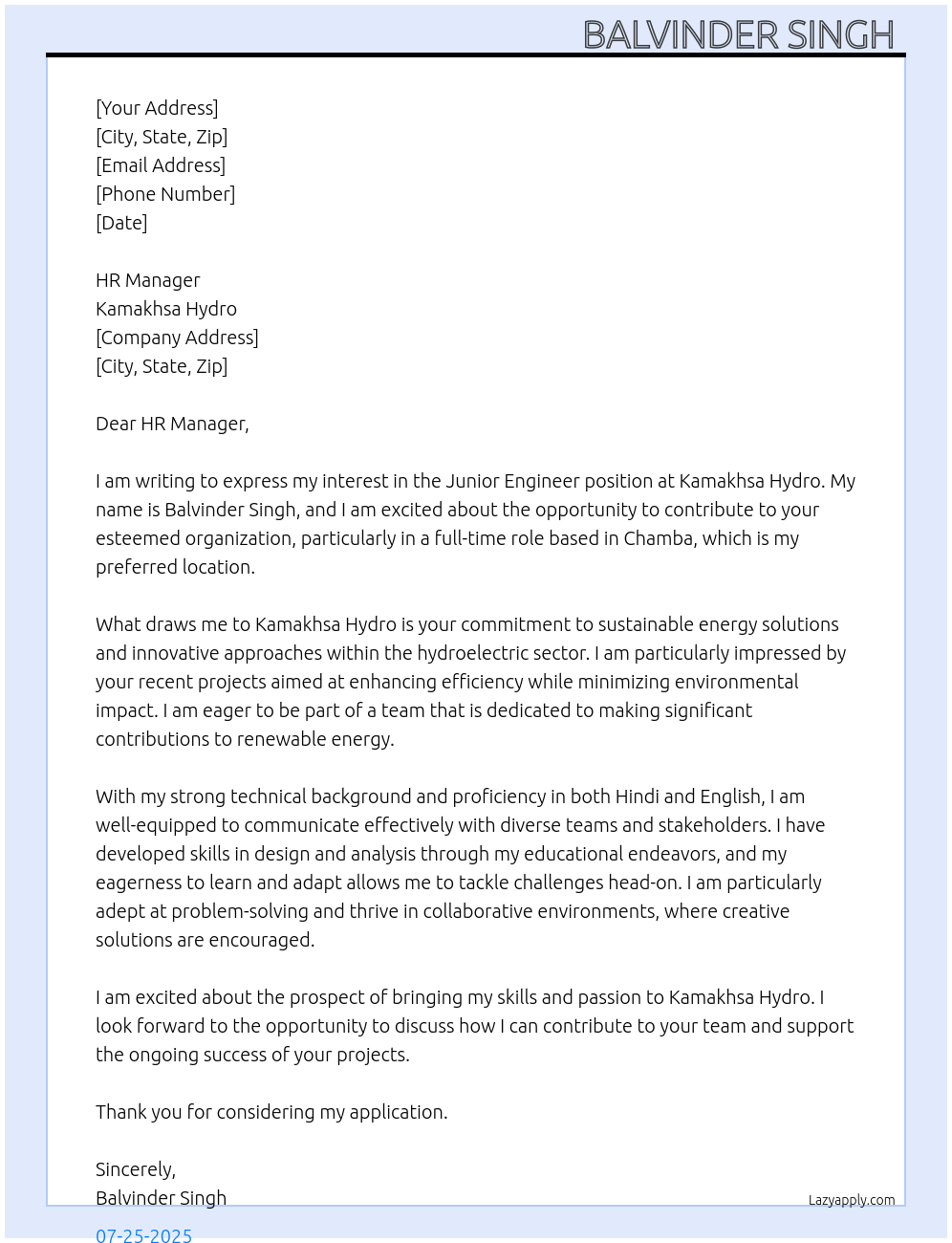 Junior engineer At Kamakhsa hydro Cover Letter