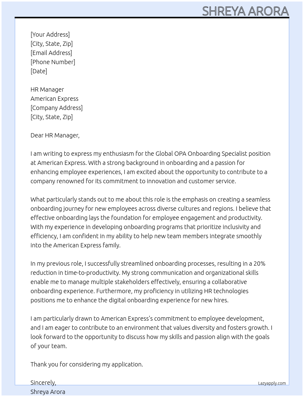 Global OPA Onboarding Specialist At American Express Cover Letter