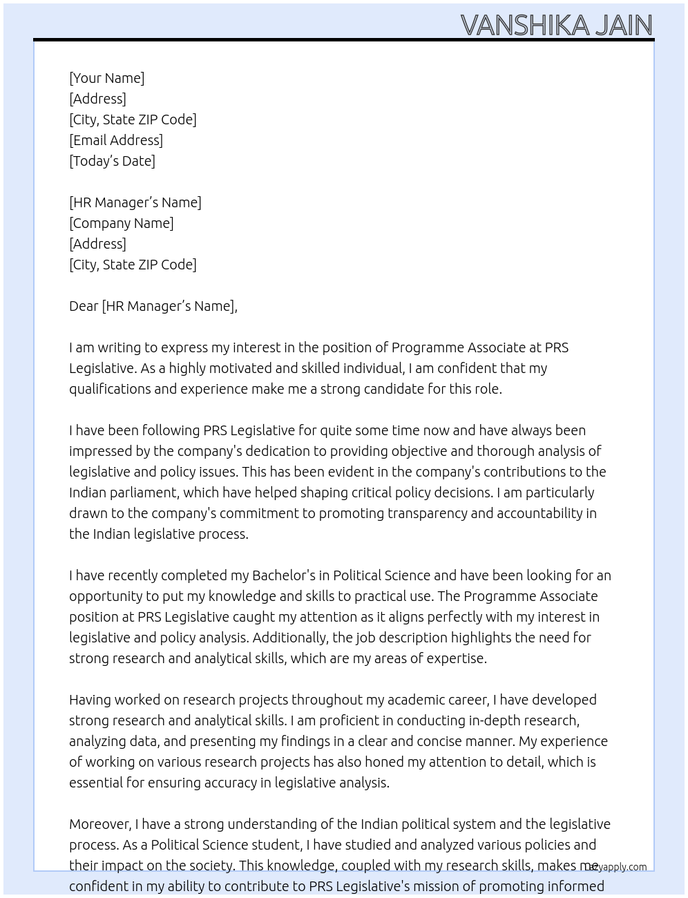 Programme associate  At PRS Legislative  Cover Letter