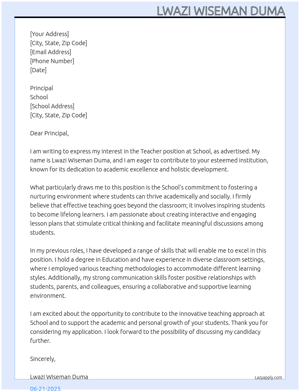 Teacher At School Cover Letter