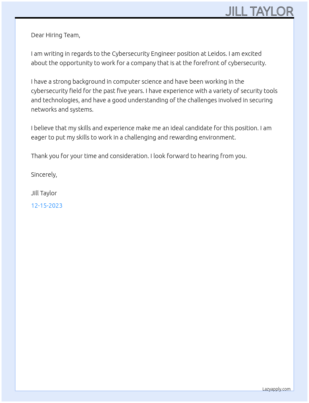 Cybersecurity Engineer At Leidos Cover Letter