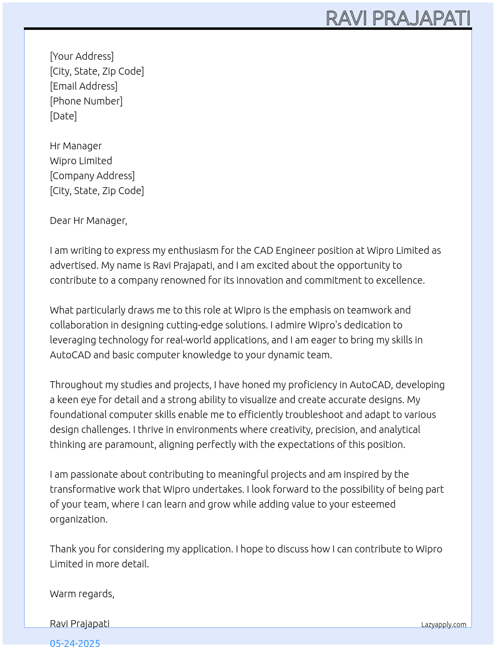 CAD Engineer At Wipro Limited Cover Letter