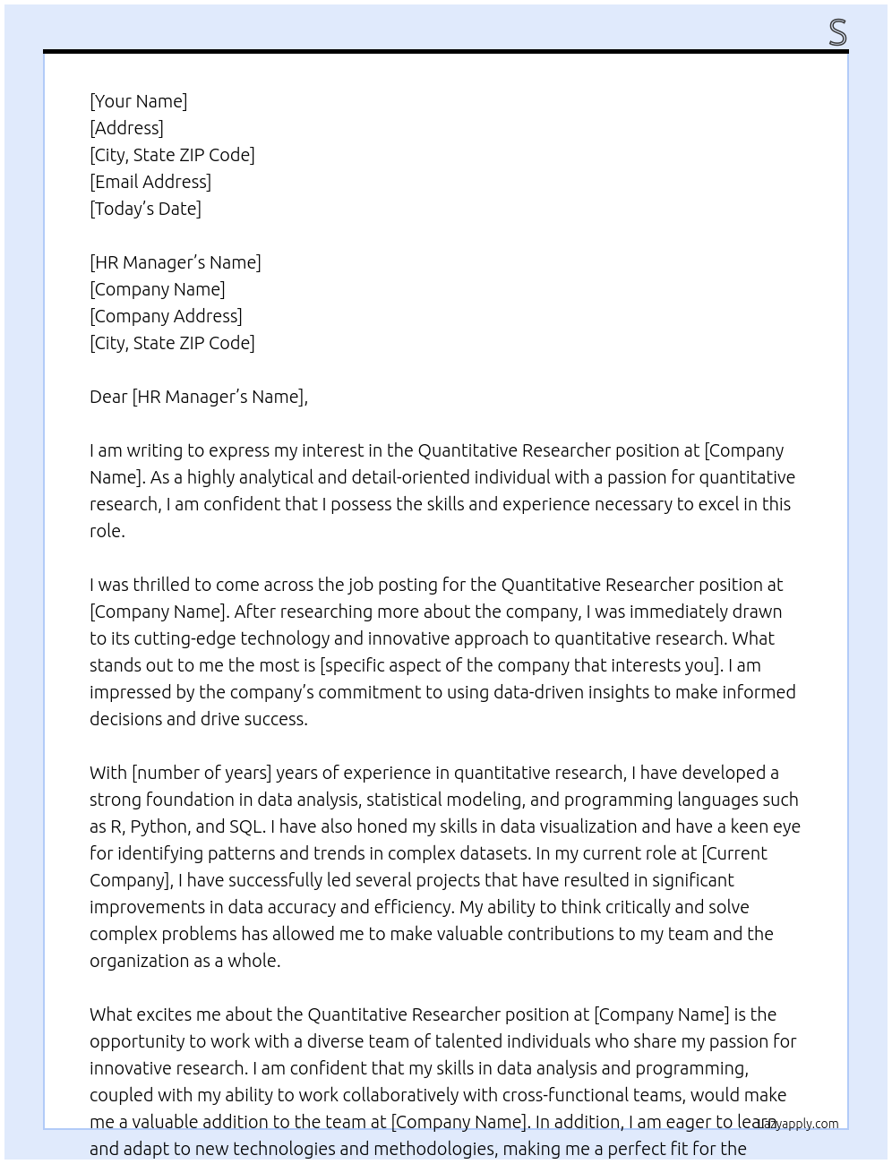 Quantitative Researcher At 2Sigma Cover Letter