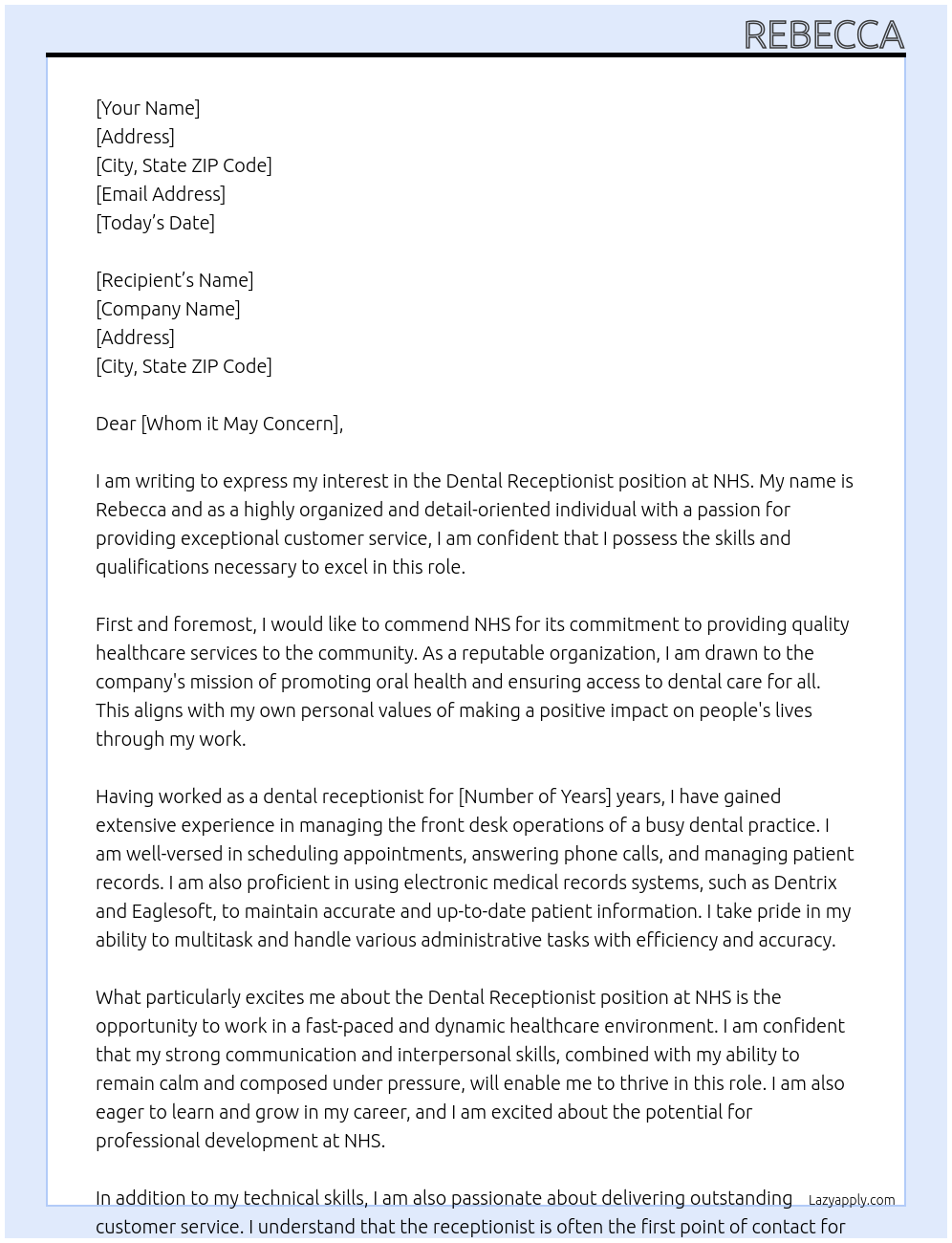 Dental receptionist At Nhs Cover Letter