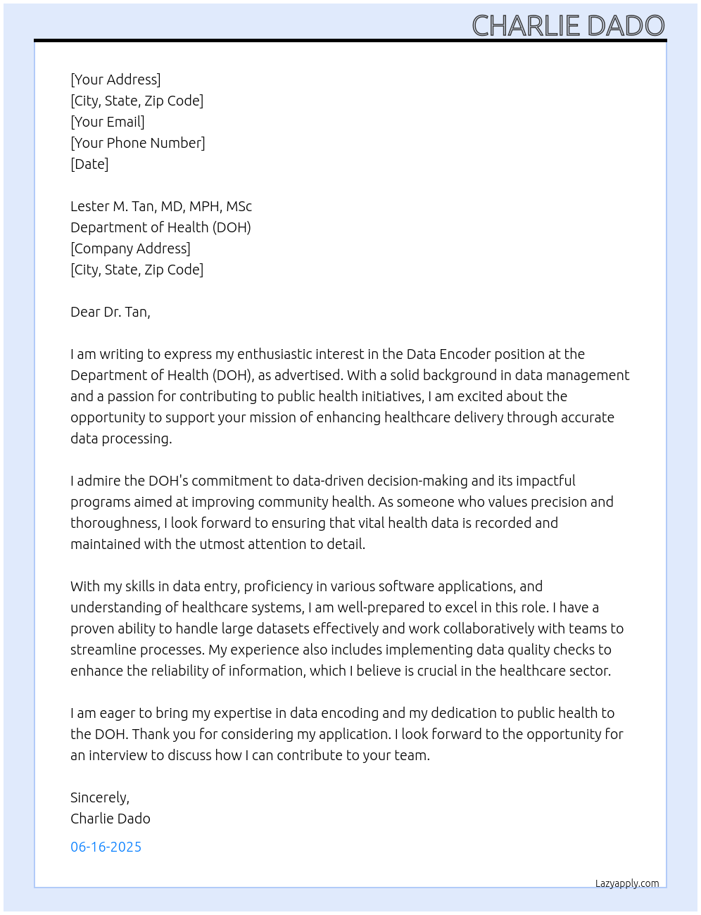 Cover letter for data encoder - LazyApply