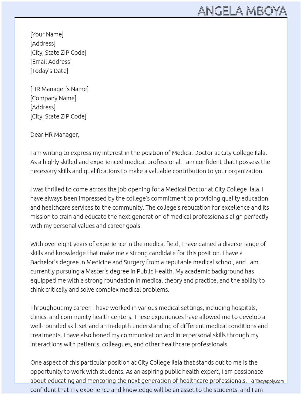 medical doctor At city college ilala Cover Letter