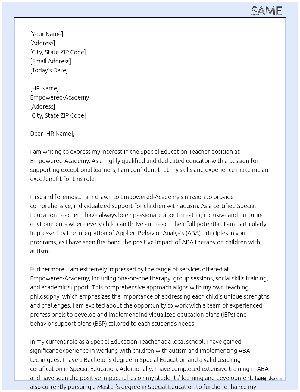 Special Education Teacher At Empowered-Academy Cover Letter