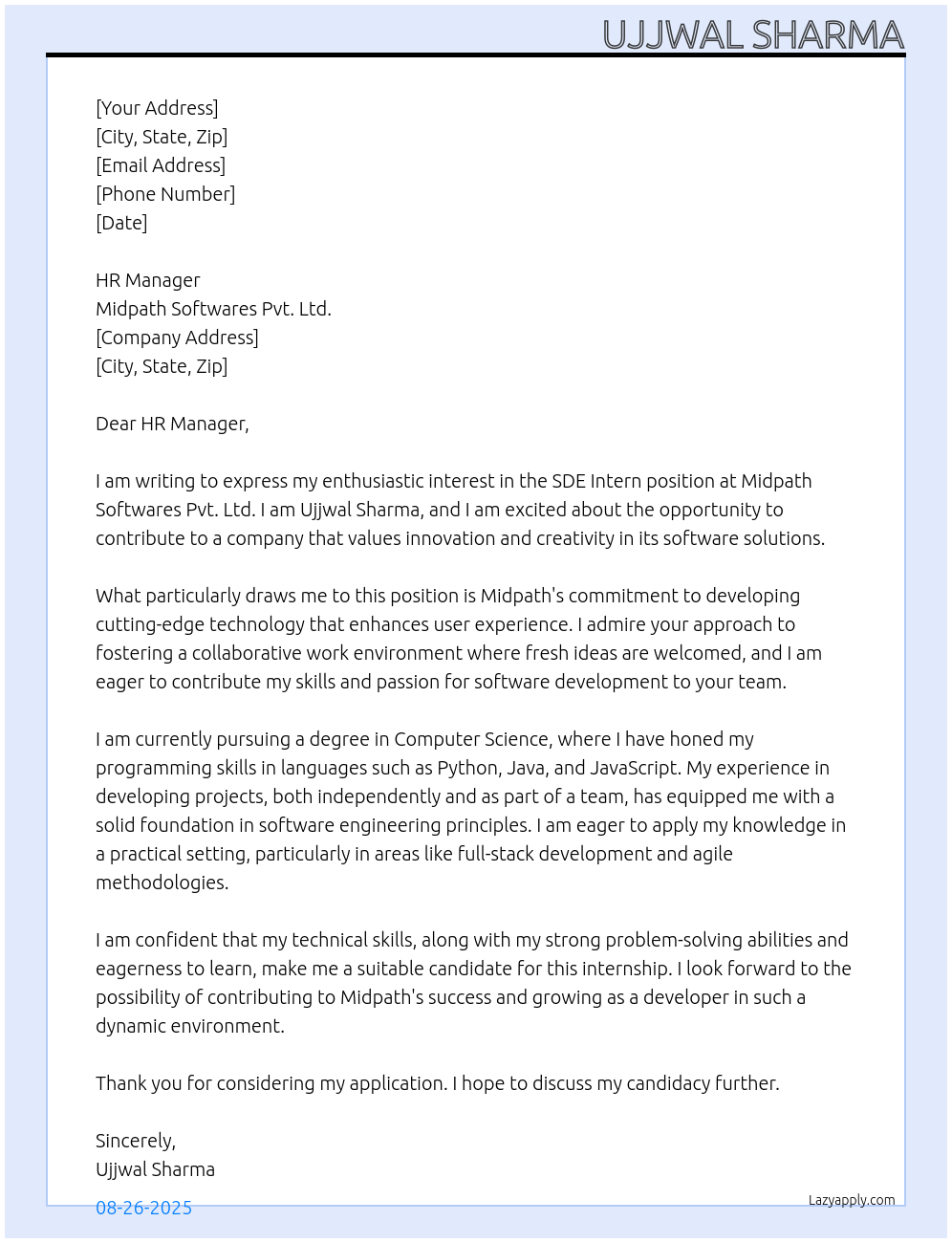 SDE Intern At Midpath Softwares Pvt. Ltd. Cover Letter