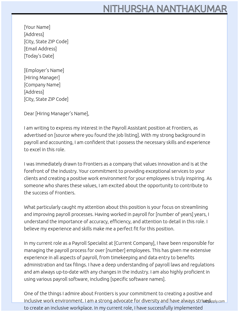 payroll assistant At frontiers Cover Letter