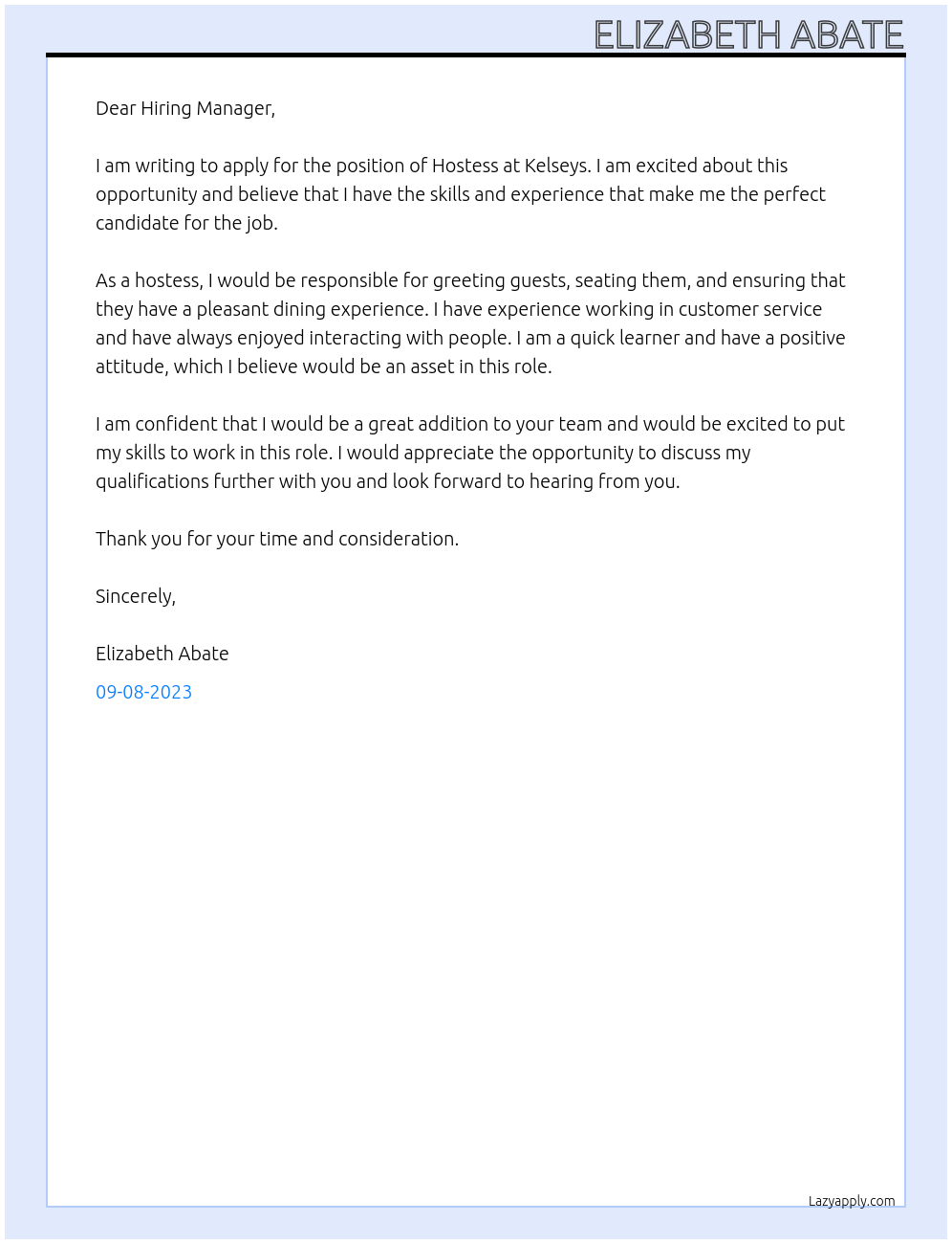 Hostess At Kelseys Cover Letter